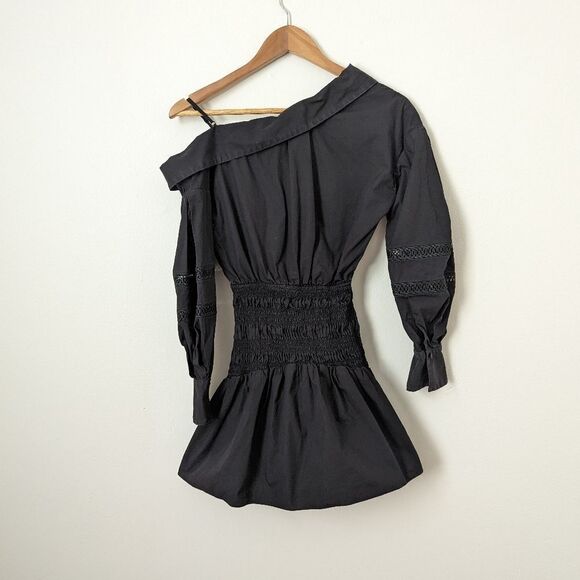 Self-Portrait black cotton poplin off one shoulder slouch long sleeve mini dress - Picture 6 of 7